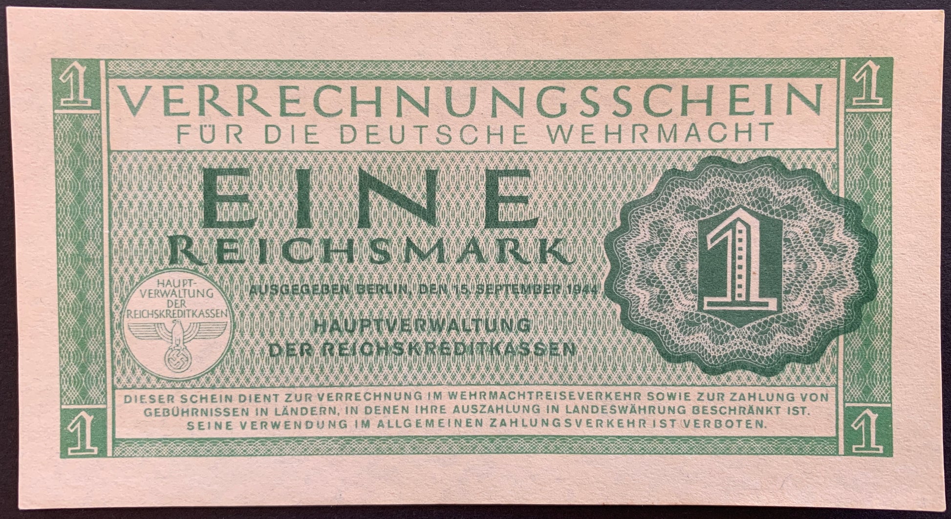 Germany, Deutsche Wehrmacht 1 Reichsmark 1944 P-M38 vintage local banknote