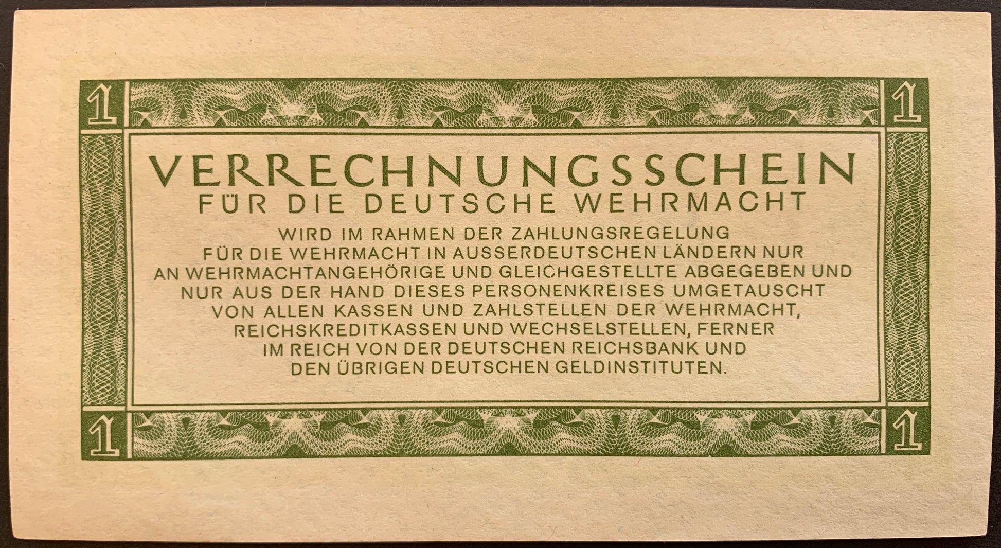Germany, Deutsche Wehrmacht 1 Reichsmark 1944 P-M38 vintage local banknote