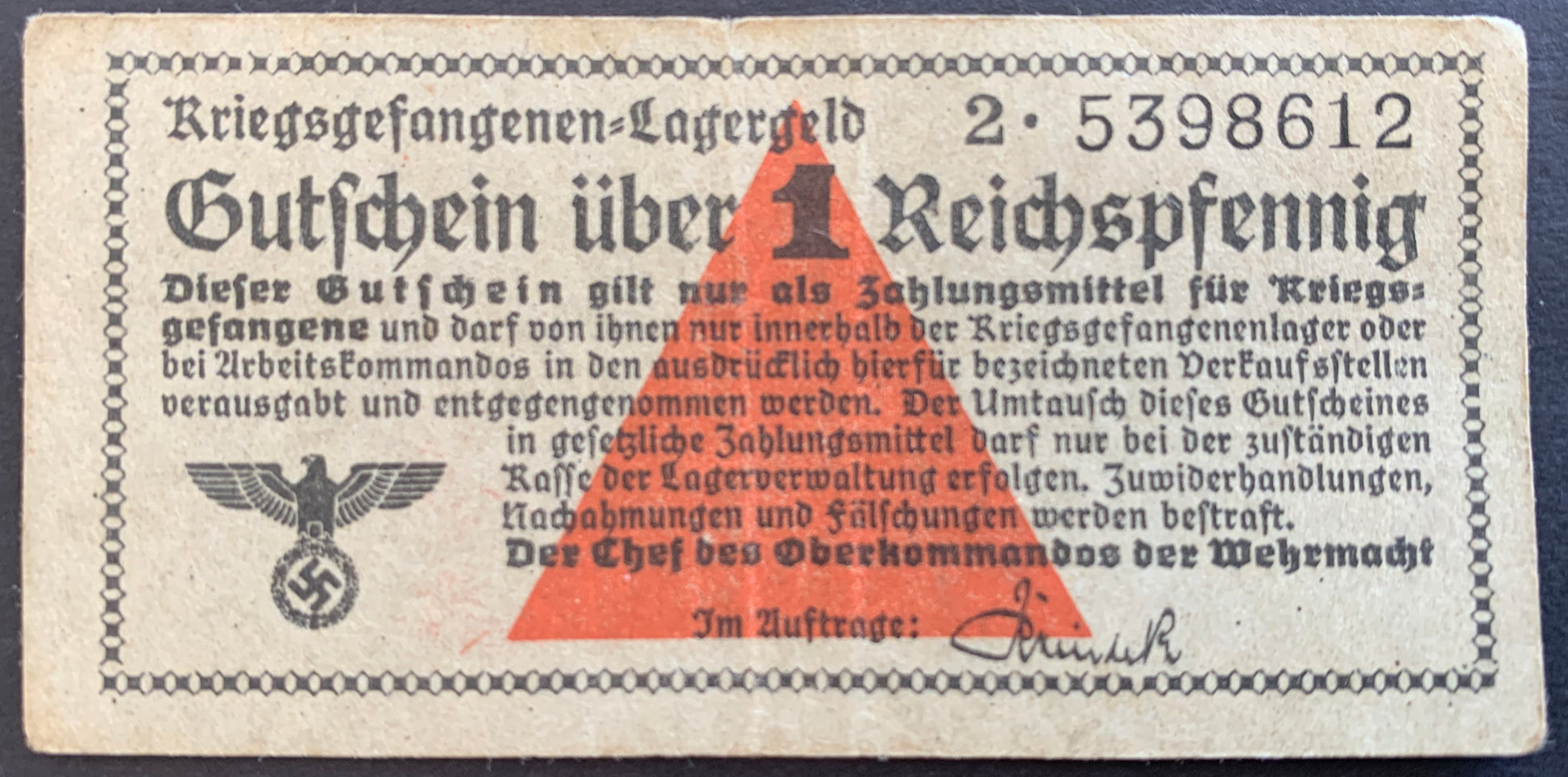 Germany, Lagergeld 1 Reichspfennig ND (1939-1944) vintage local banknote