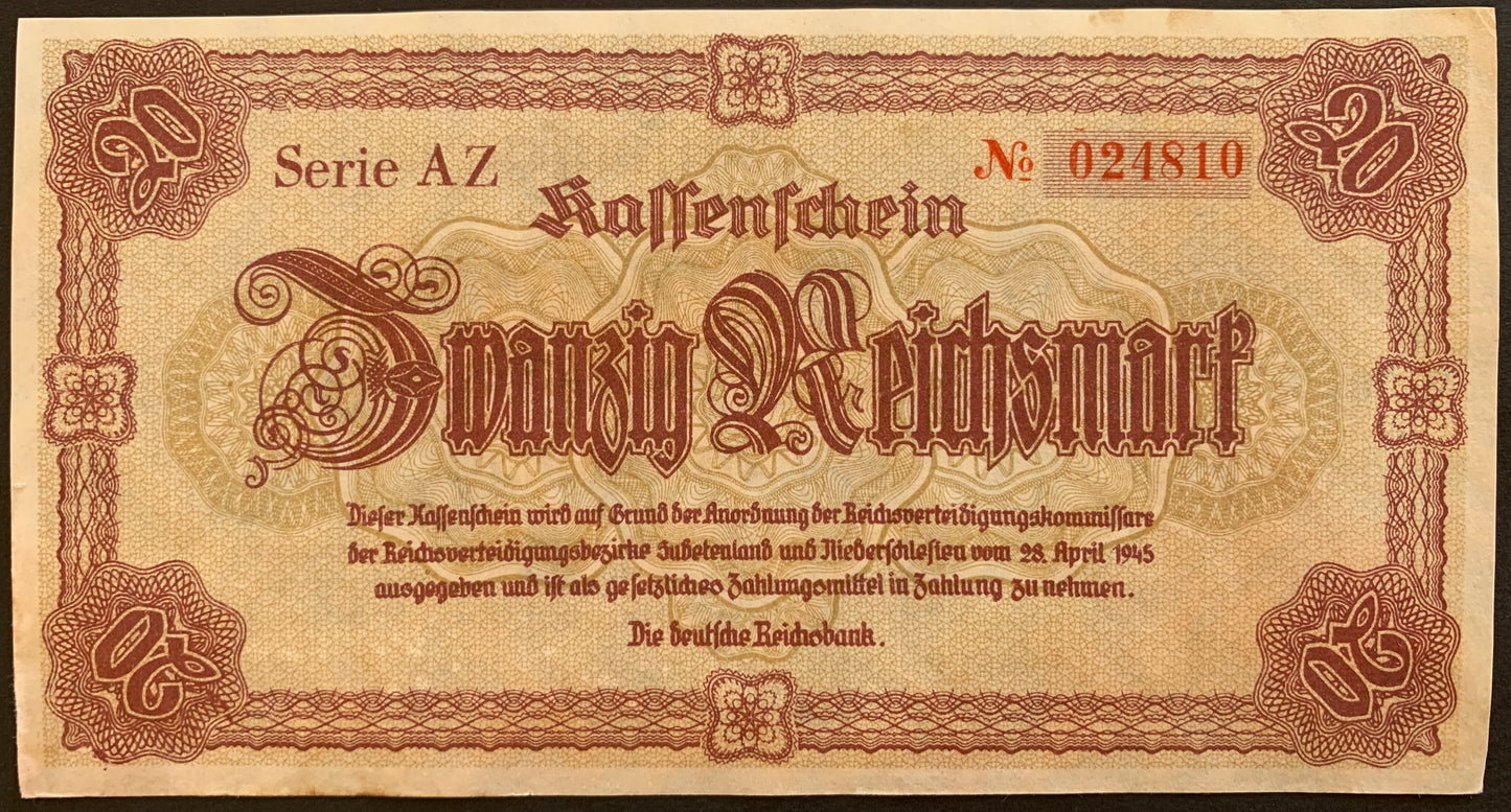 Germany, Sudetenland and Lower Silesia 20 Reichsmark 1945 P-187 vintage local banknote