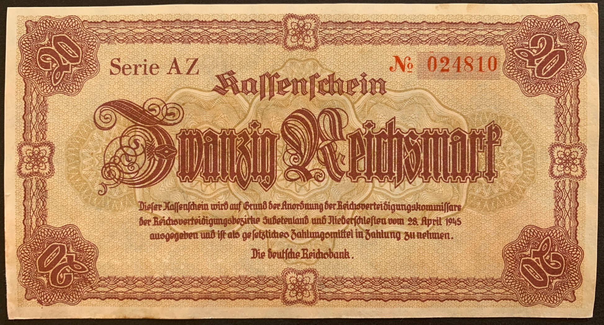 Germany, Sudetenland and Lower Silesia 20 Reichsmark 1945 P-187 vintage local banknote