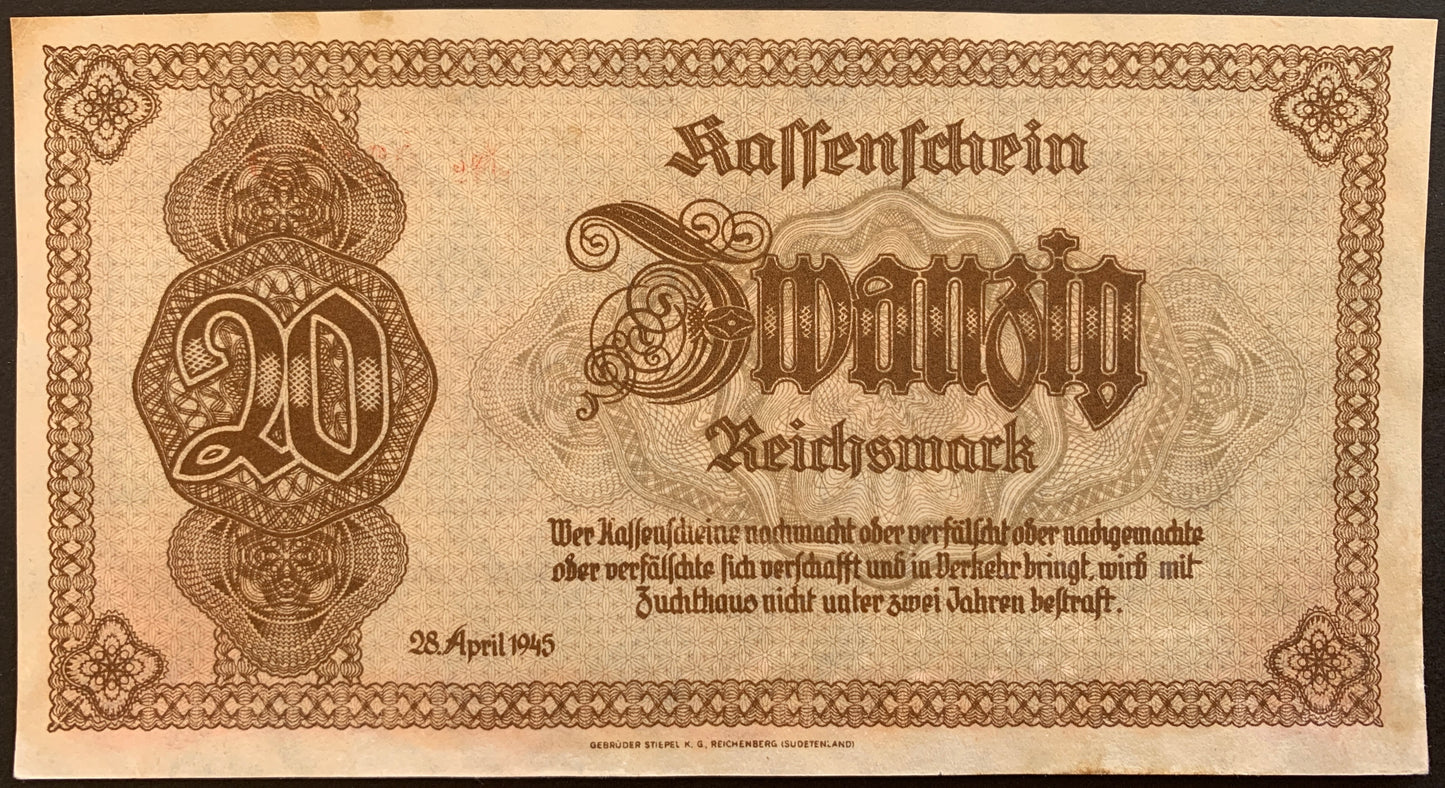 Germany, Sudetenland and Lower Silesia 20 Reichsmark 1945 P-187 vintage local banknote