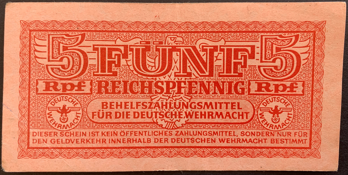 Germany, Deutsche Wehrmacht 5 Reichspfennig ND (1942) P-M33 vintage local banknote