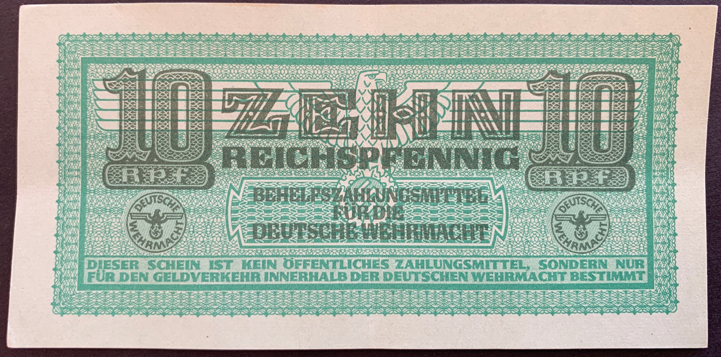 Germany, Deutsche Wehrmacht 10 Reichspfennig ND (1942-1944) P-M34 vintage local banknote