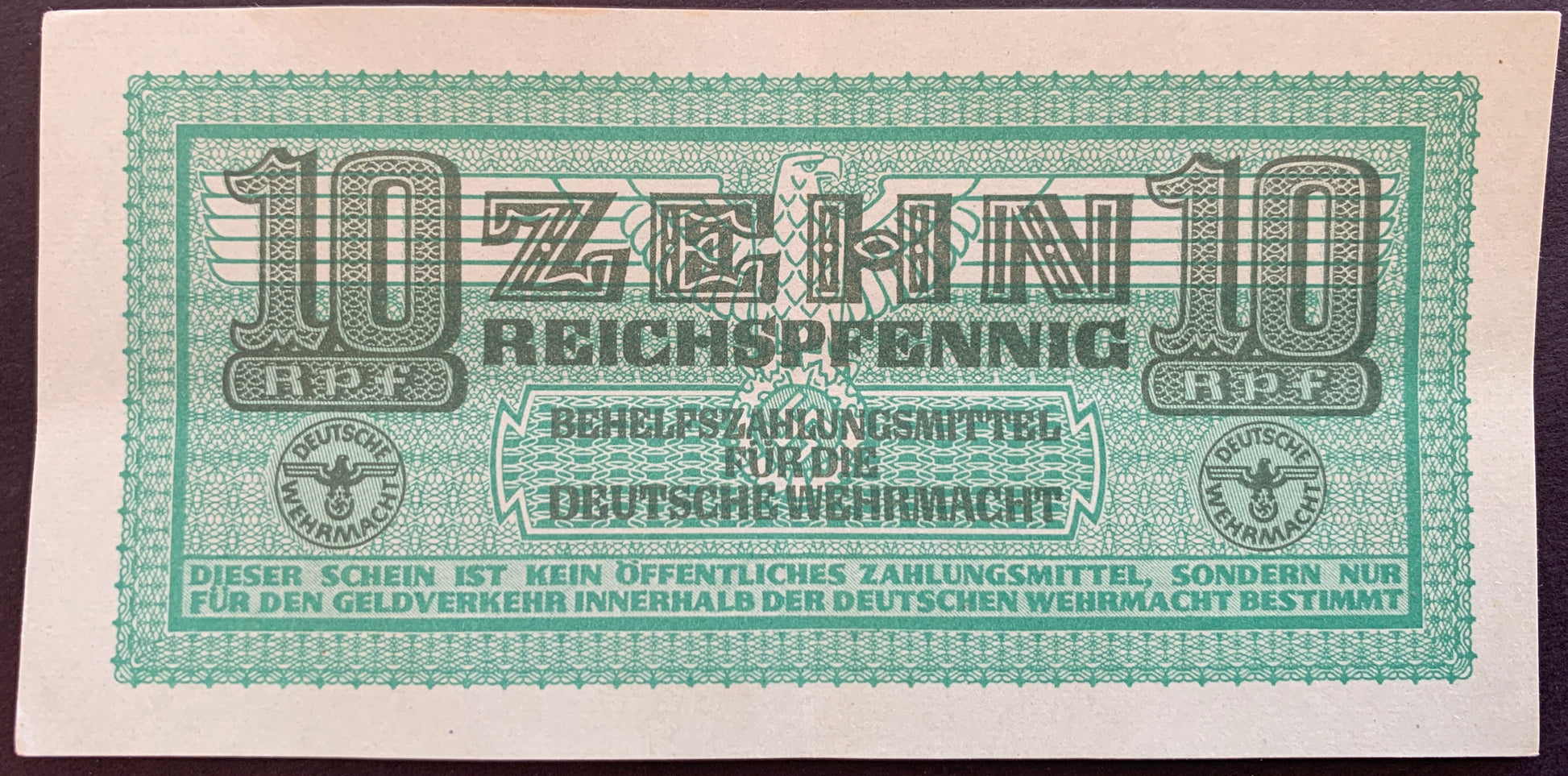 Germany, Deutsche Wehrmacht 10 Reichspfennig ND (1942-1944) P-M34 vintage local banknote