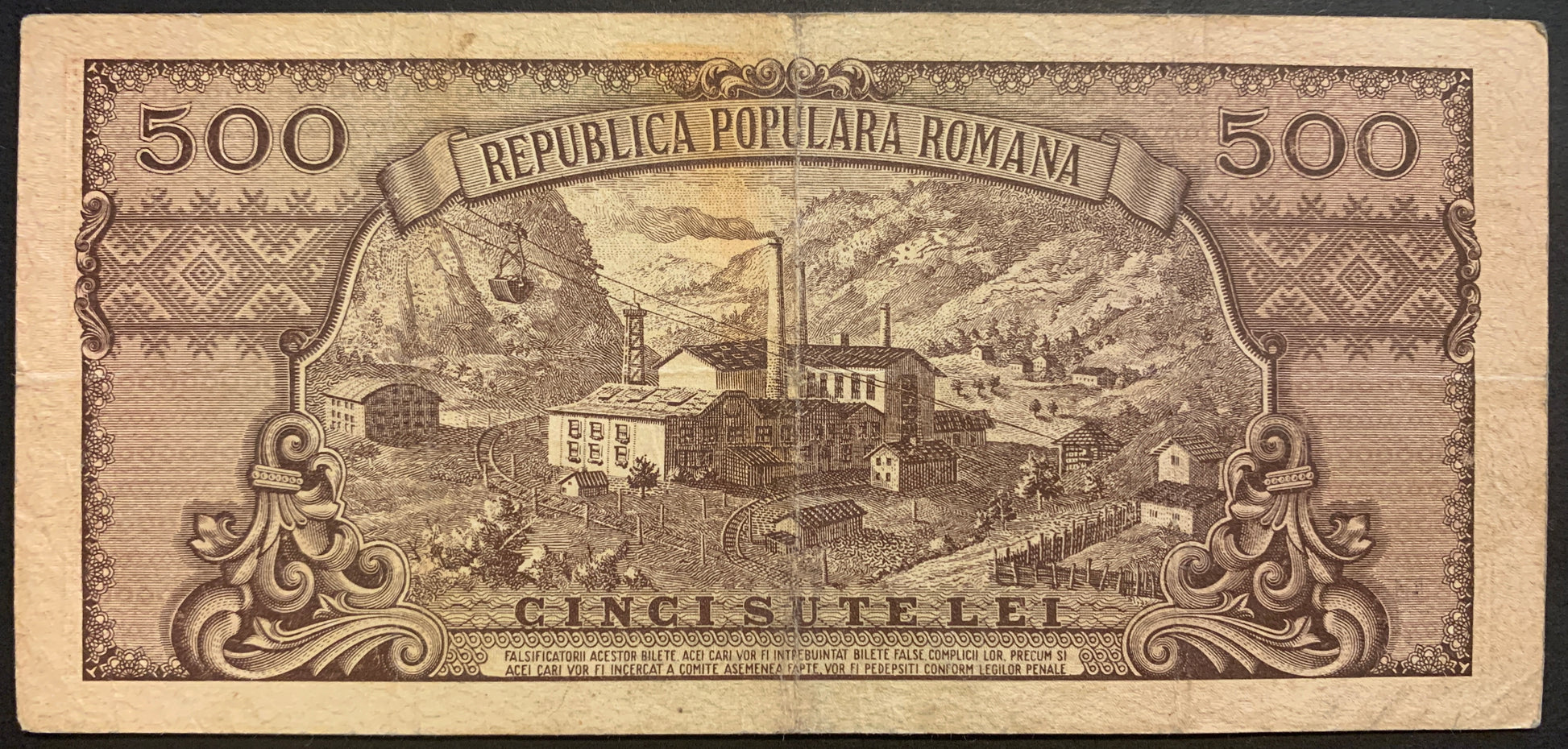 Romania 500 Lei 1949 P-86 vintage banknote with factory in mountains