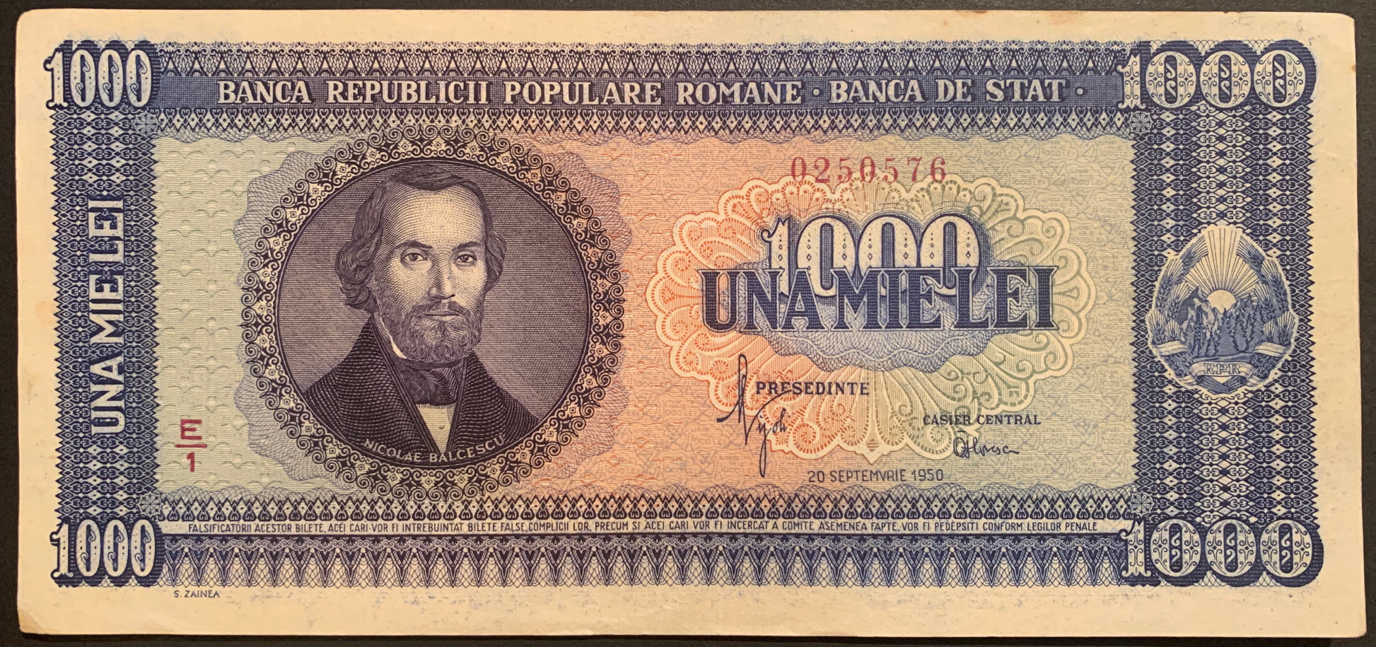 Romania 1000 Lei 1950 P-87 vintage banknote with portrait of  Nicolae Bălcescu