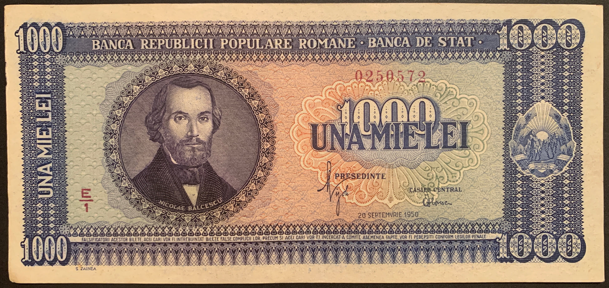 Romania 1000 Lei 1950 P-87 vintage banknote with portrait of  Nicolae Bălcescu