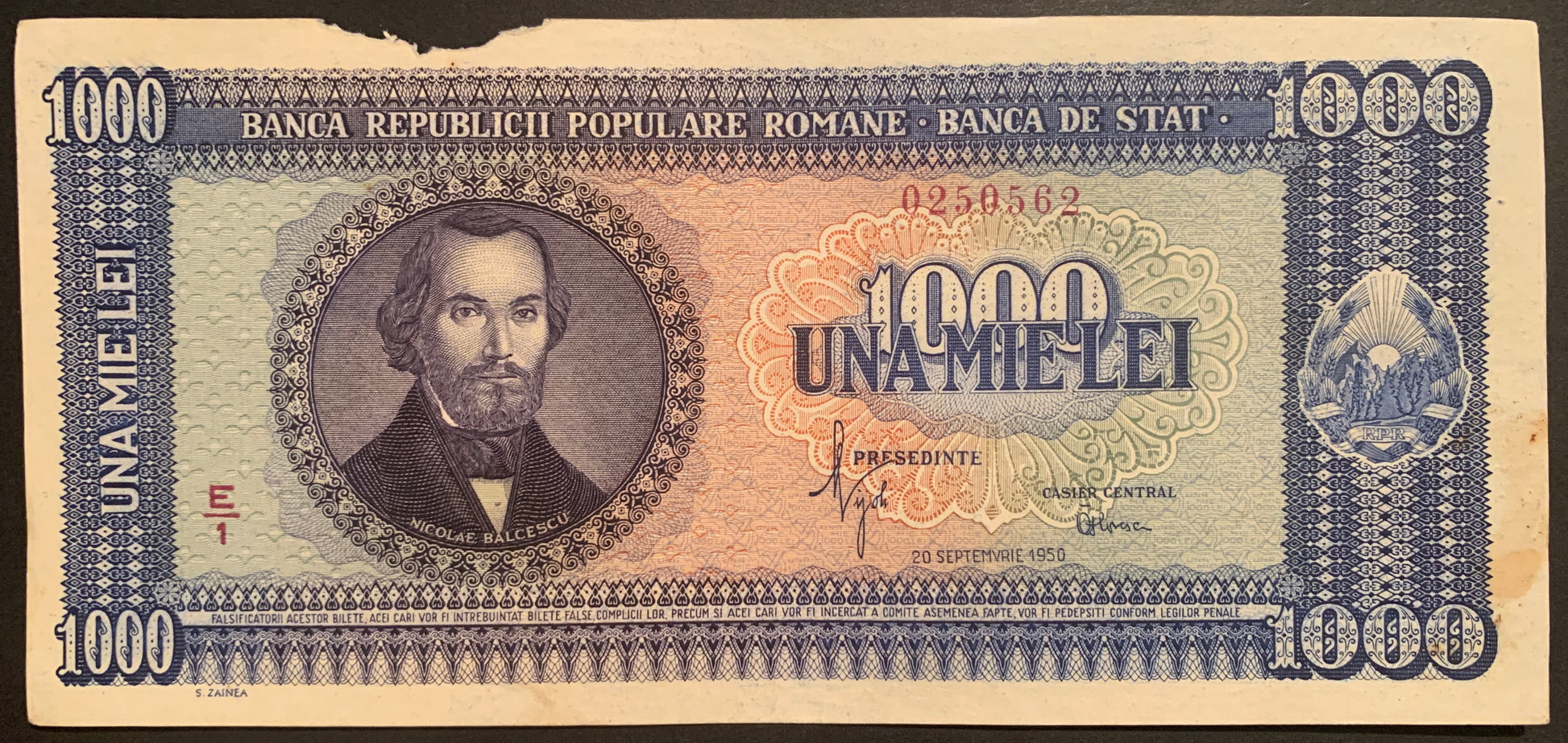 Romania 1000 Lei 1950 P-87 G vintage banknote with portrait of  Nicolae Bălcescu