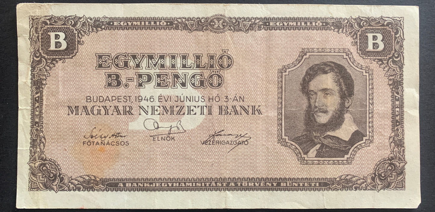 Hungary 1 000 000 B.-Pengő 1946 P-134 vintage hungarian hyperinflationary banknote with portrait of Lajos Kossuth
