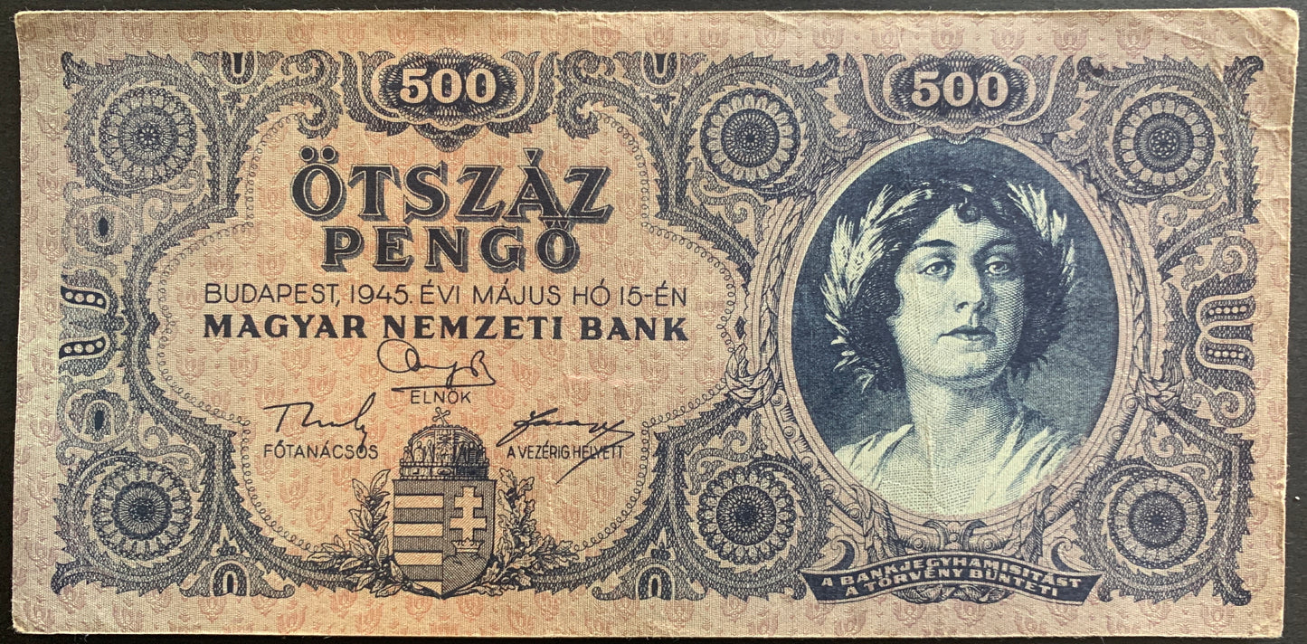 Hungary 500 Pengő 1945 P-117 vintage hyperinflationary banknote with portrait of woman