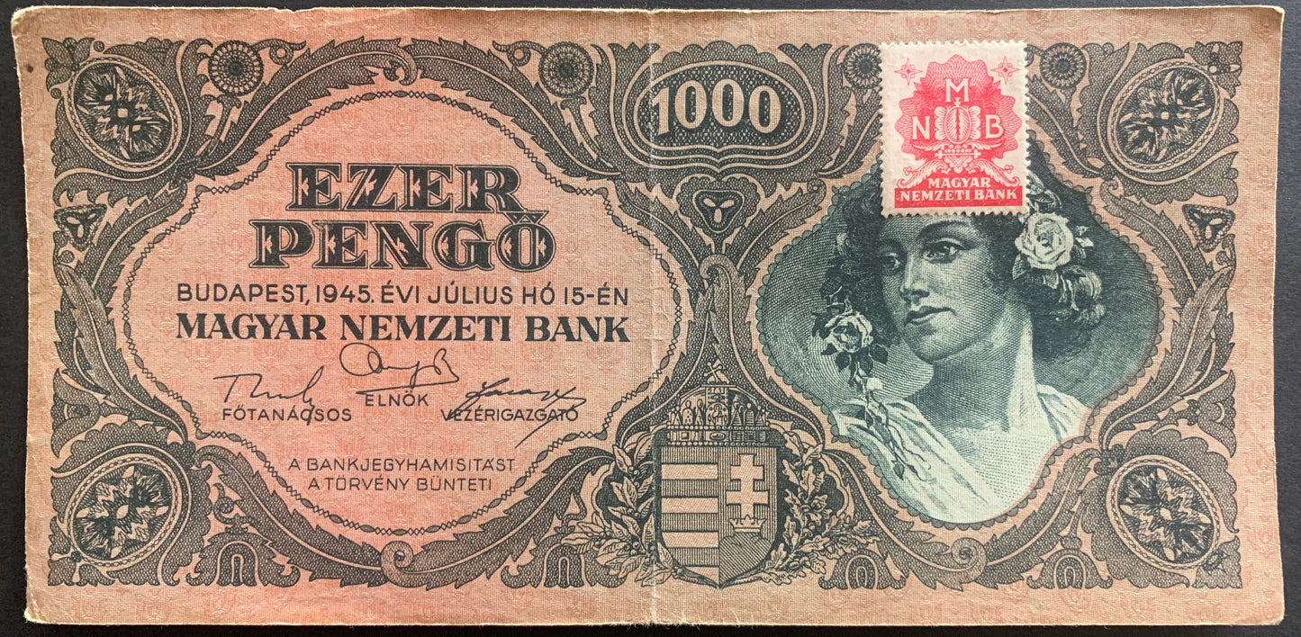 Hungary 1000 Pengő 1945 P-118 vintage hyperinflationary banknote with portrait of woman wearing flower wreath