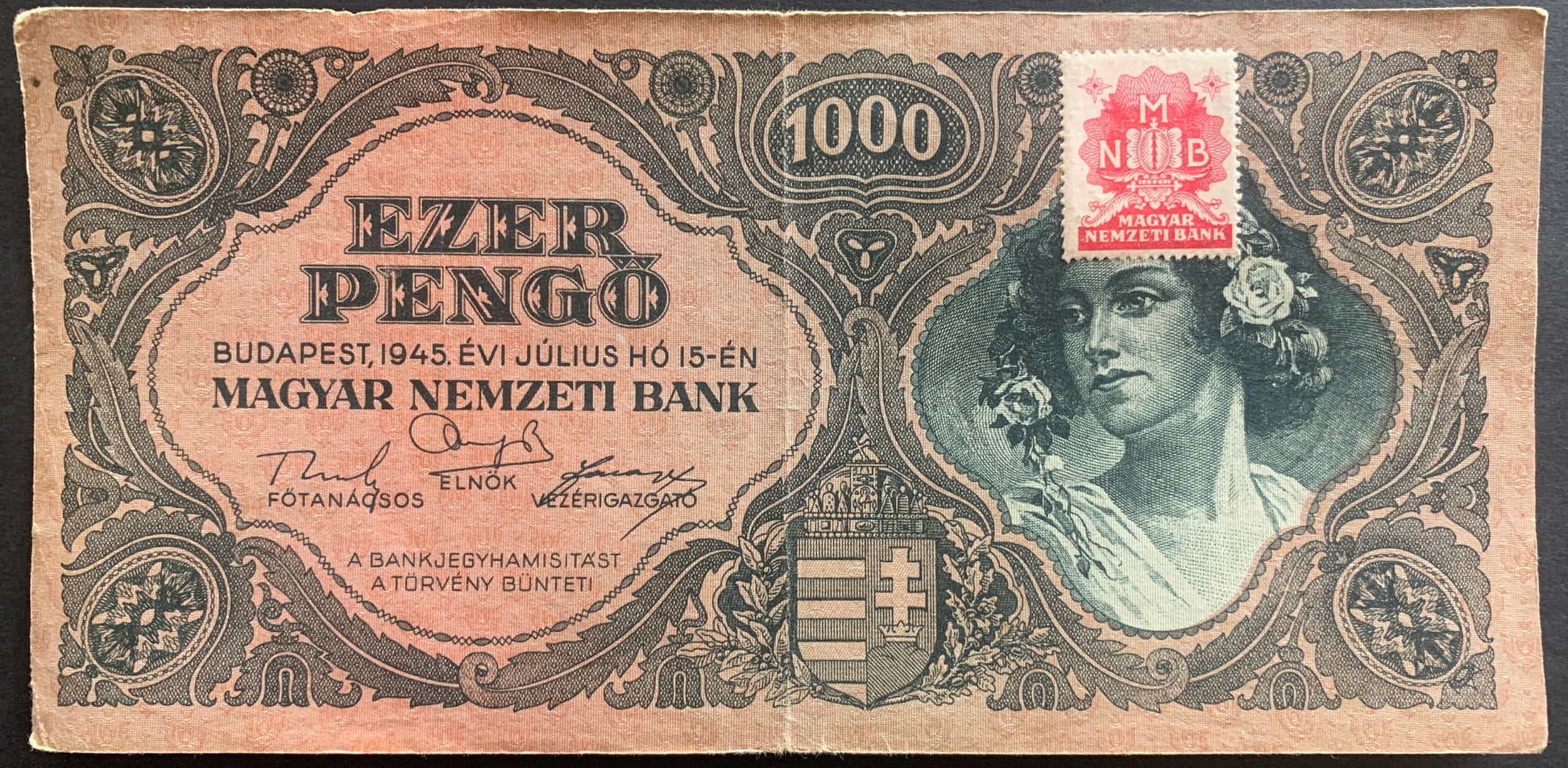 Hungary 1000 Pengő 1945 P-118 vintage hyperinflationary banknote with portrait of woman wearing flower wreath