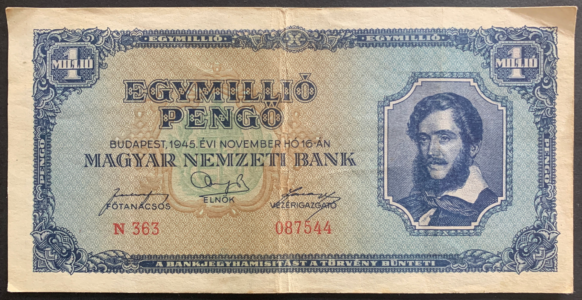 Hungary 1000000 Pengő 1945 P-122 vintage hyperinflationary banknote with portrait of Lajos Kossuth