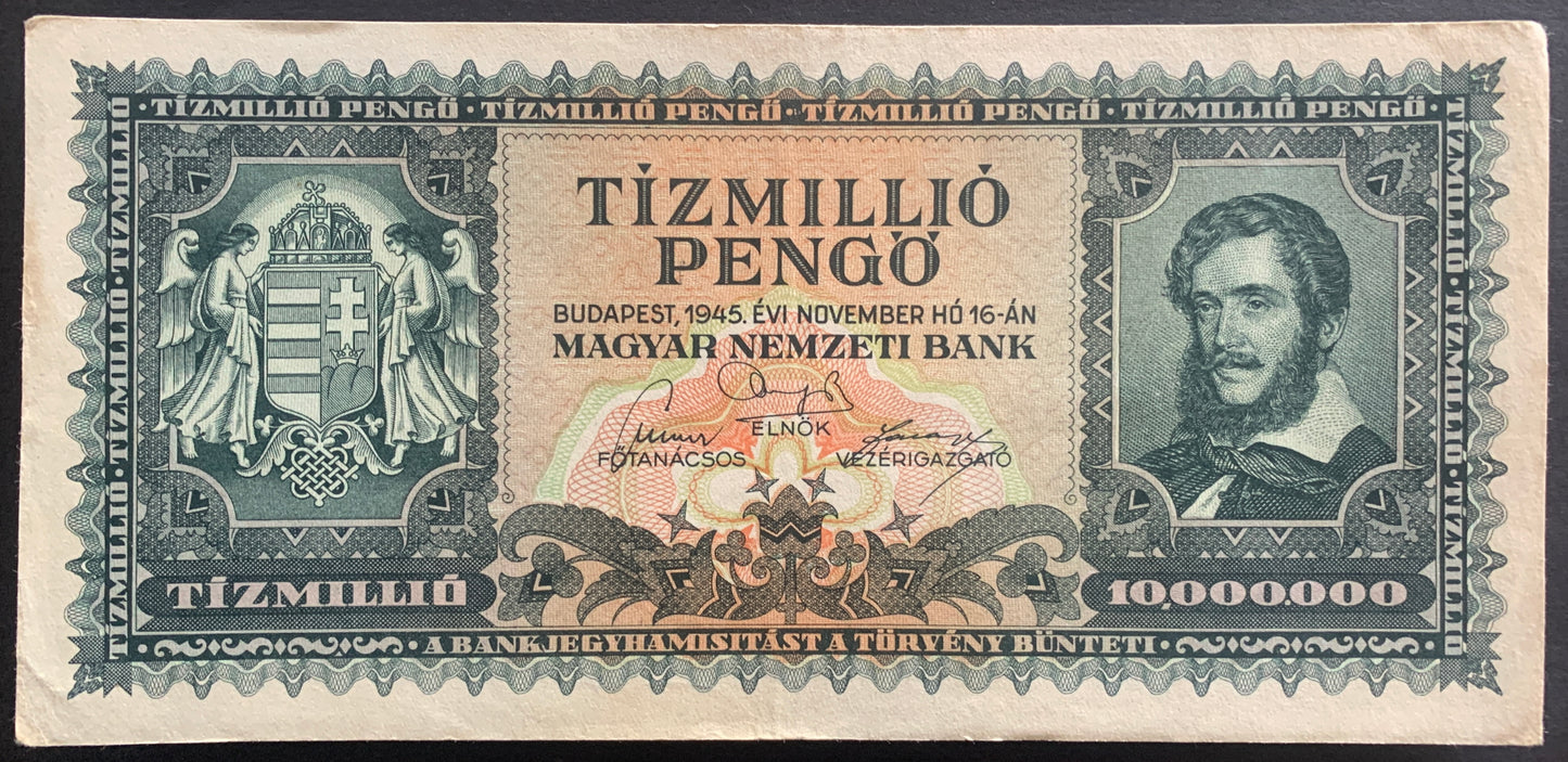 Hungary 10000000 Pengő 1945 P-123 vintage hyperinflationary banknote with hungarian coat of arms and portrait of Lajos Kossuth