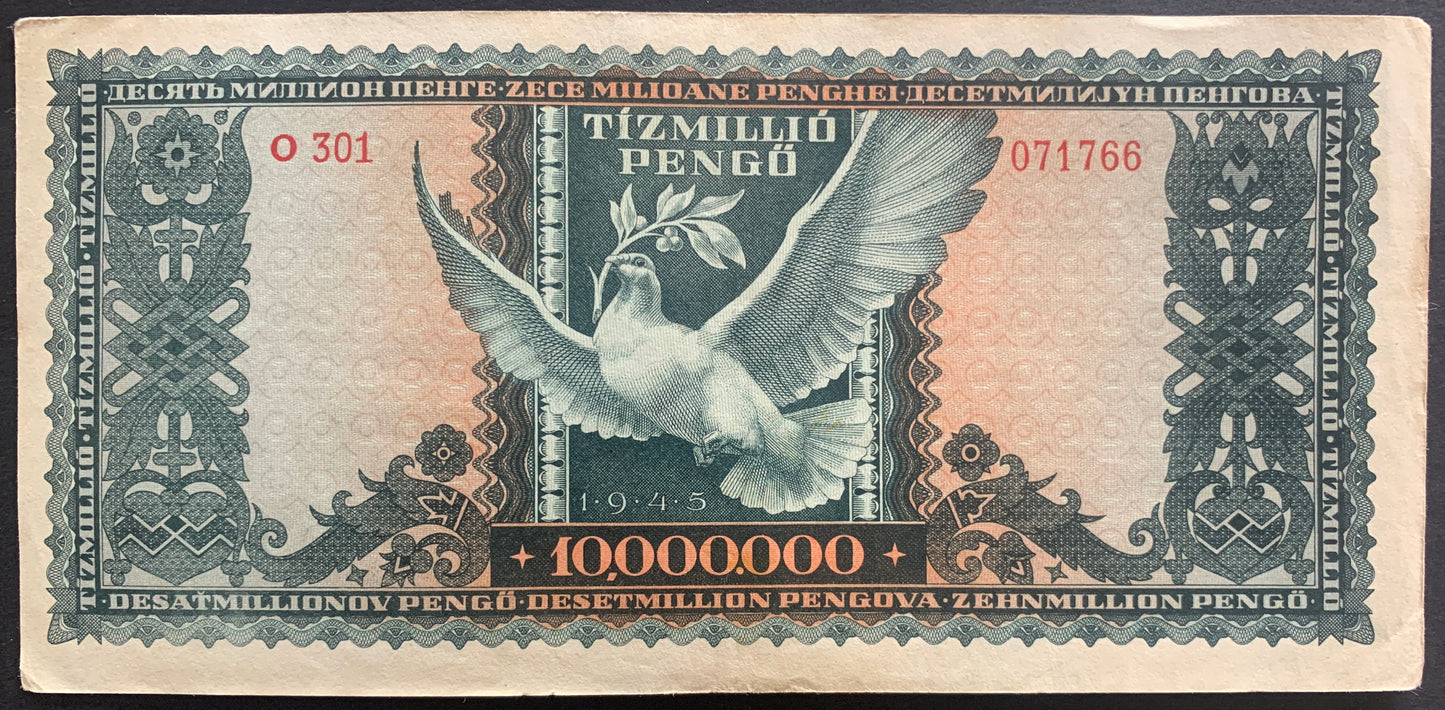 Hungary 10000000 Pengő 1945 P-123 vintage hyperinflationary banknote with dove and branch
