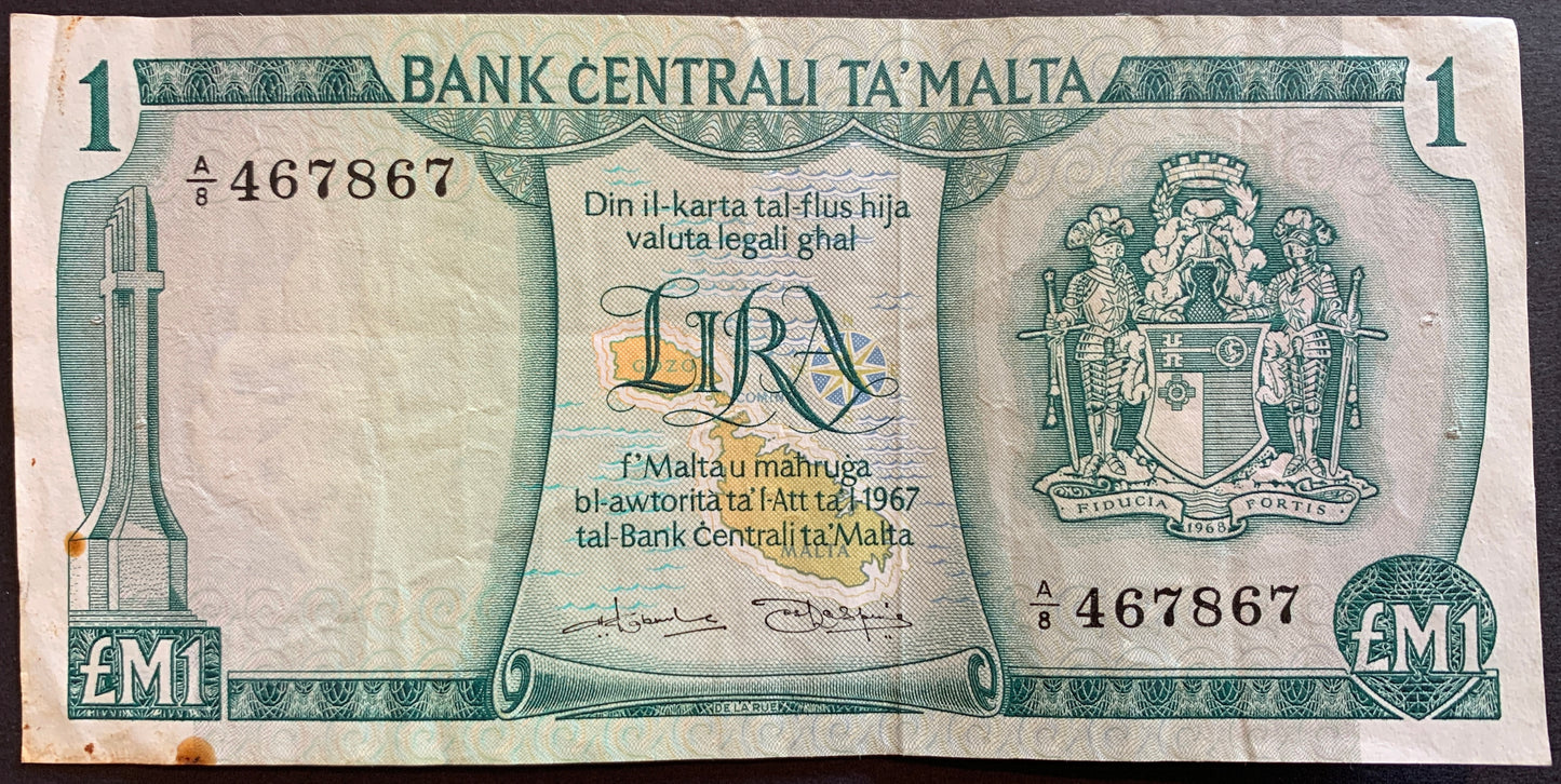 Malta 1 Lira ND (1973) P-31b banknote with map of Malta