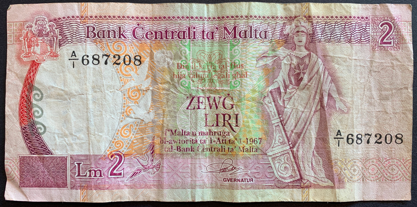 Malta 2 Liri ND (1989) P-41 banknote with doves and personification of Malta