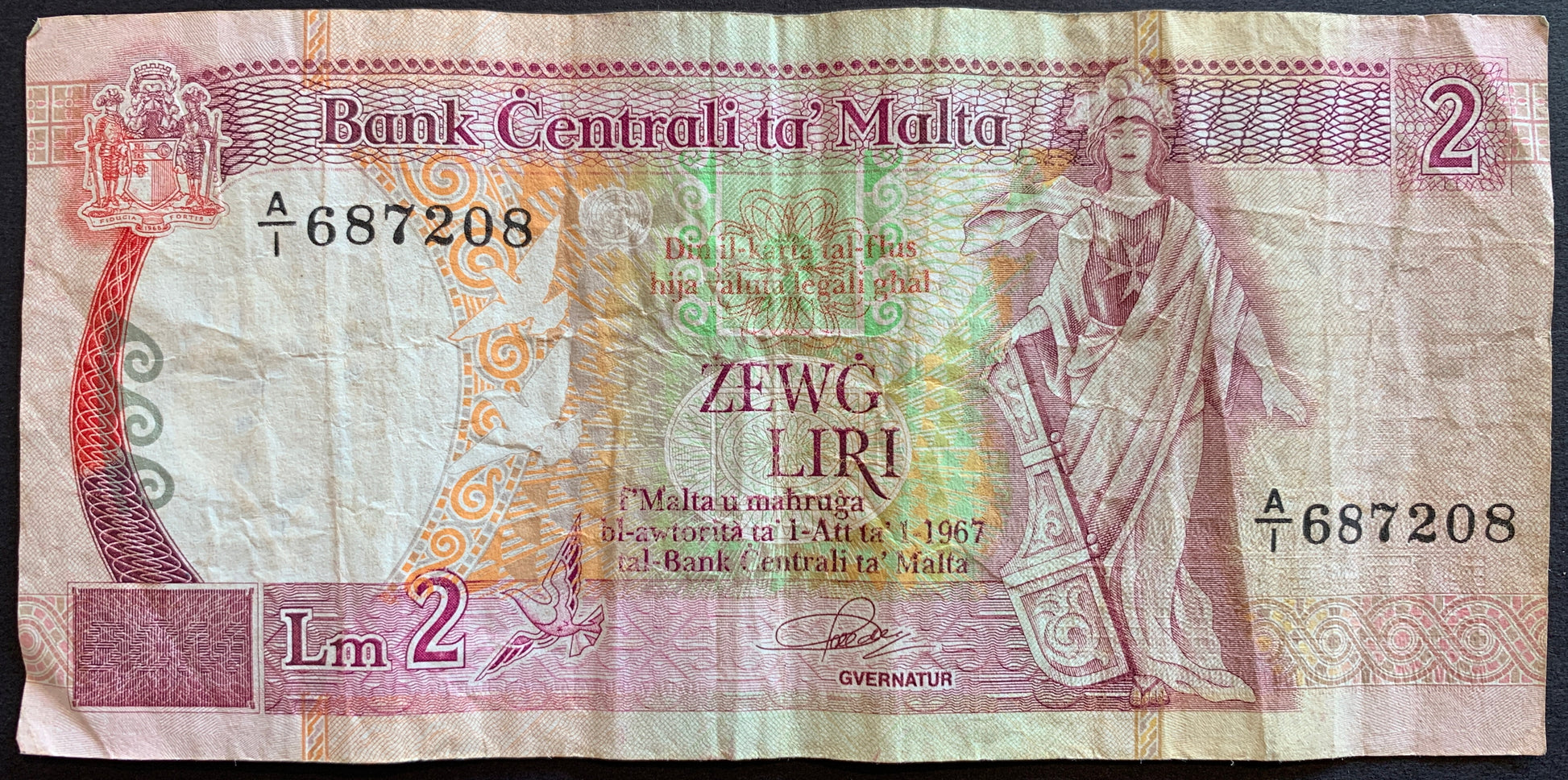 Malta 2 Liri ND (1989) P-41 banknote with doves and personification of Malta