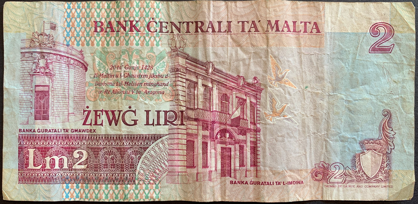 Malta 2 Liri ND (1989) P-41 banknote with doves and Bank 