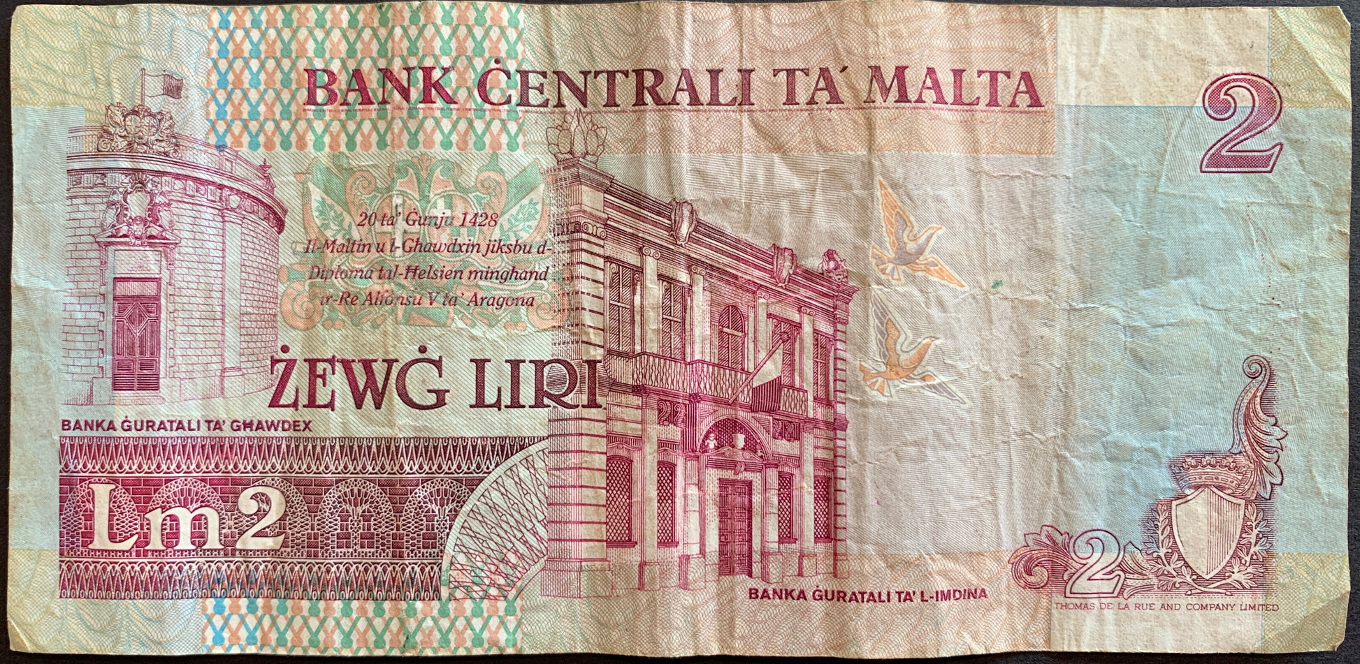 Malta 2 Liri ND (1989) P-41 banknote with doves and Bank 
