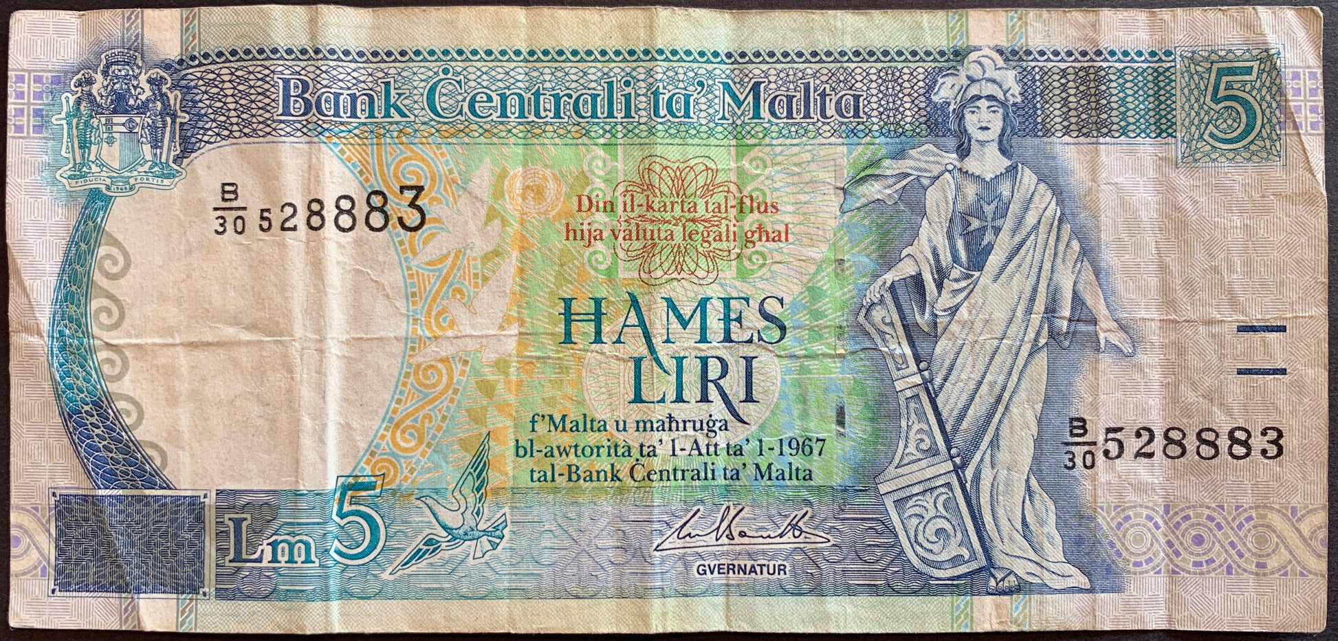 Malta 5 Liri ND (1999-2007) P-46d banknote with doves and personification of Malta