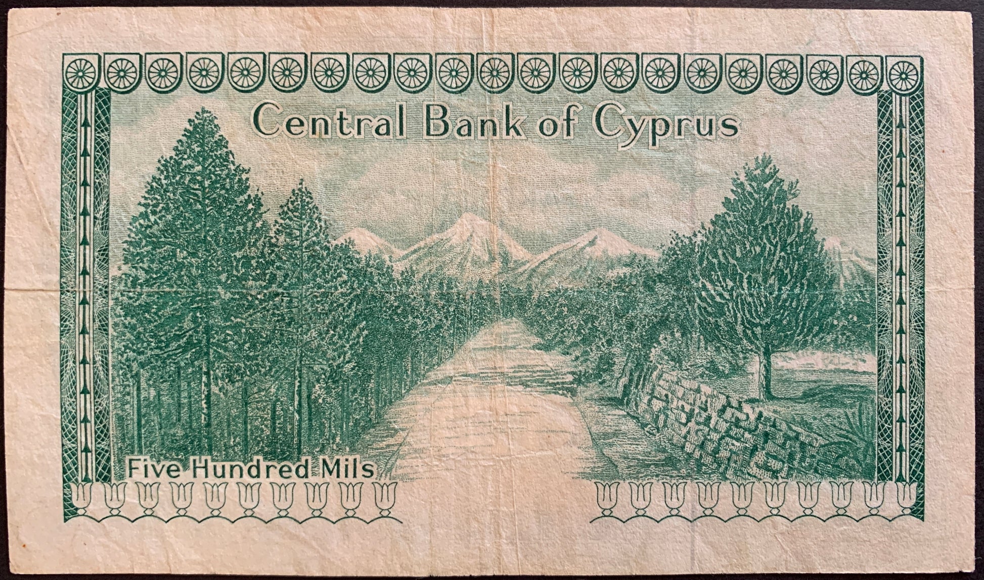 Cyprus 500 Mils 1974 P-42b VF vintage banknote with mountain road