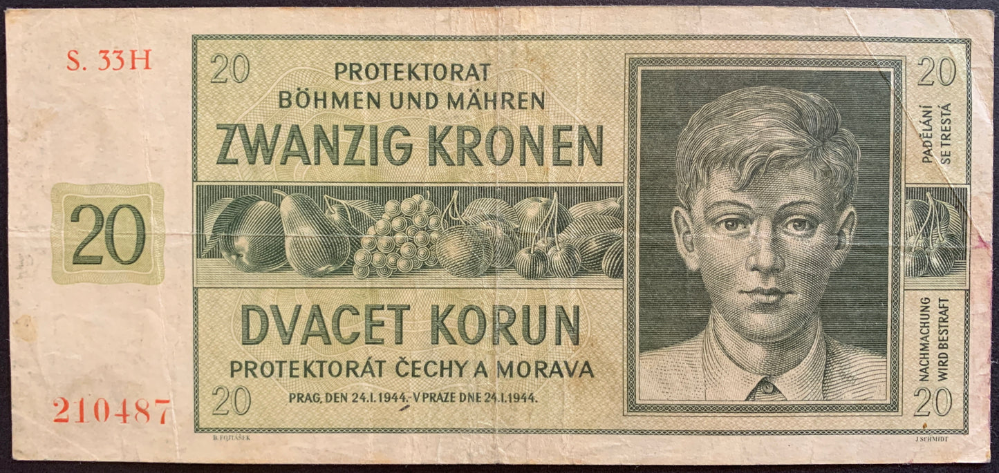 Protectorate of Bohemia and Moravia 20 Kronen/Korun 1944 P-9 VF vintage banknote with young boy and fruits