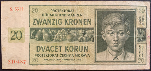 Protectorate of Bohemia and Moravia 20 Kronen/Korun 1944 P-9 VF vintage banknote with young boy and fruits