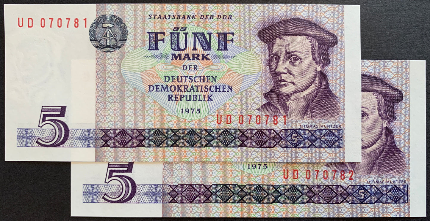 Germany, GDR 5 Mark 1975 P-27 UNC Consecutive banknote bundle