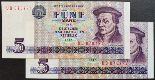 Germany, GDR 5 Mark 1975 P-27 UNC Consecutive banknote bundle
