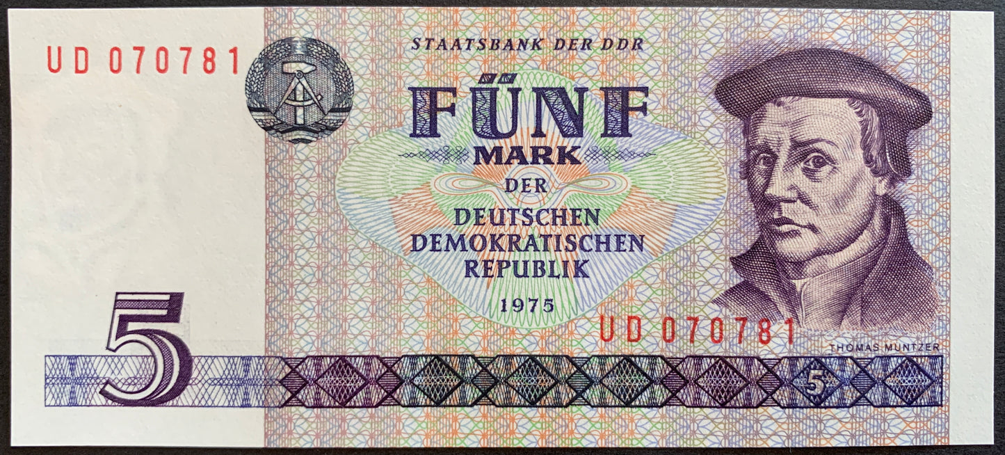 Germany, GDR 5 Mark 1975 P-27 UNC vintage banknote with portrait Thomas Müntzer