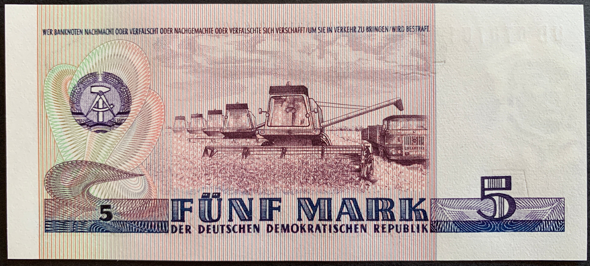 Germany, GDR 5 Mark 1975 P-27 UNC vintage banknote with combines haresting