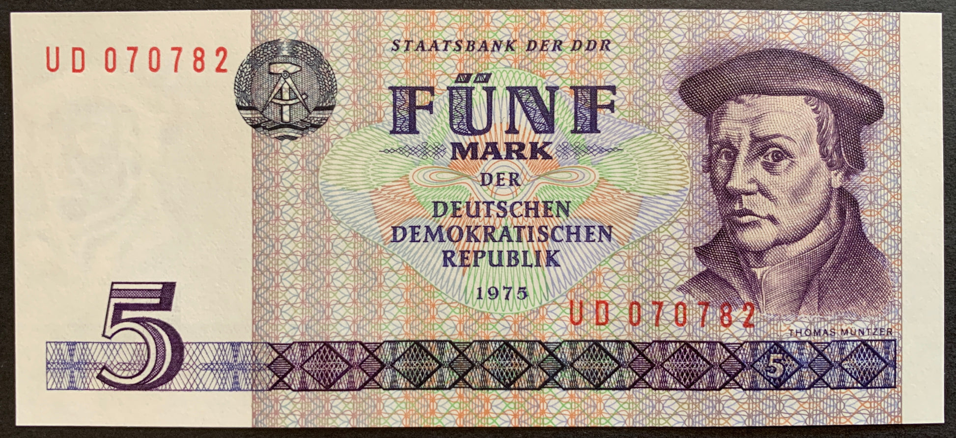 Germany, GDR 5 Mark 1975 P-27 UNC vintage banknote with portrait Thomas Müntzer