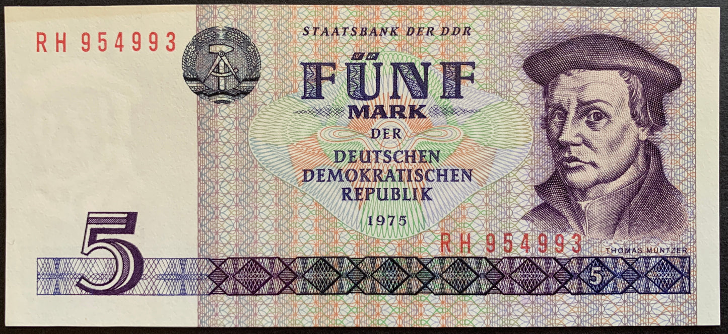 Germany, GDR 5 Mark 1975 P-27 UNC banknote with portrait of Thomas Müntzer