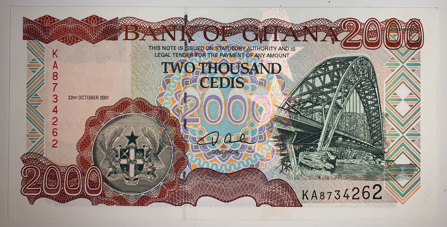 Ghana 2000 Cedis 2001 P-33f UNC banknote with Adomi Bridge over Volta River