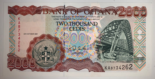 Ghana 2000 Cedis 2001 P-33f UNC banknote with Adomi Bridge over Volta River
