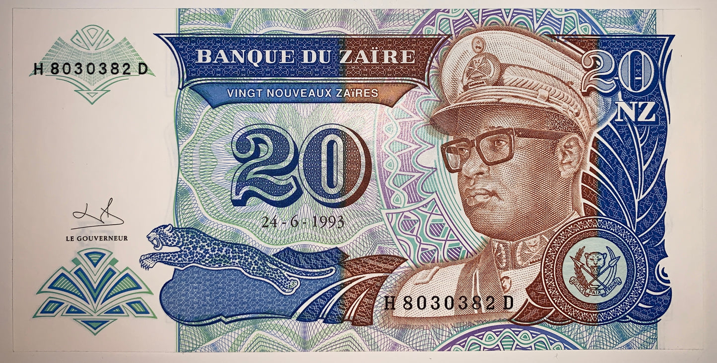 Zaïre 20 Zaires 1993 P-56 UNC banknote with portrait of Mobutu Sese Seko
