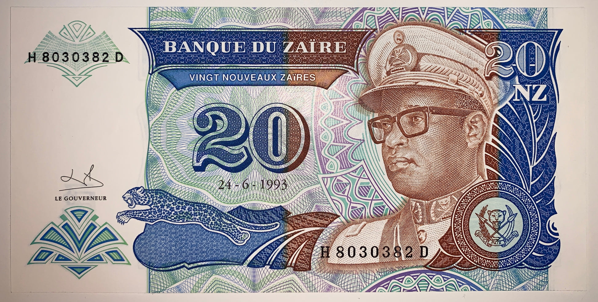 Zaïre 20 Zaires 1993 P-56 UNC banknote with portrait of Mobutu Sese Seko
