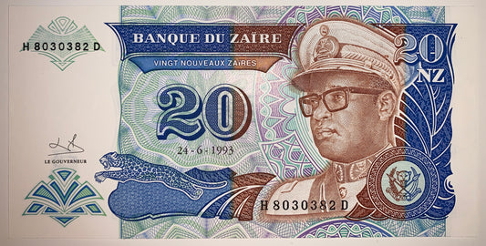 Zaïre 20 Zaires 1993 P-56 UNC banknote with portrait of Mobutu Sese Seko