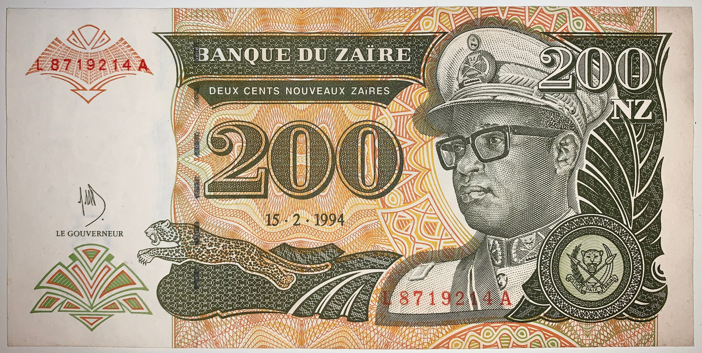 Zaïre 200 Nouveaux Zaires 1994 P-61a UNC banknote with portrait of Mobutu Sese Seko