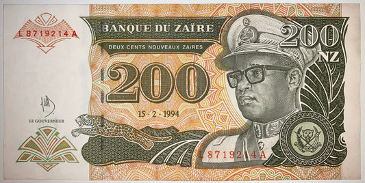 Zaïre 200 Nouveaux Zaires 1994 P-61a UNC banknote with portrait of Mobutu Sese Seko
