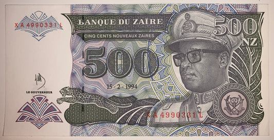 Zaïre 500 Nouveaux Zaires 1994 P-64Aa UNC banknote with leaping jaguar and portrait of Mobutu Sese Seko