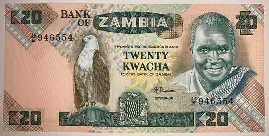 Zambia 20 Kwacha ND (1980-1988) P-27e UNC banknote with portrait of president K. K. Kaunda and african fish eagle