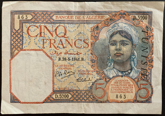 Tunisia 5 Francs 1941 P-8b overprint banknote