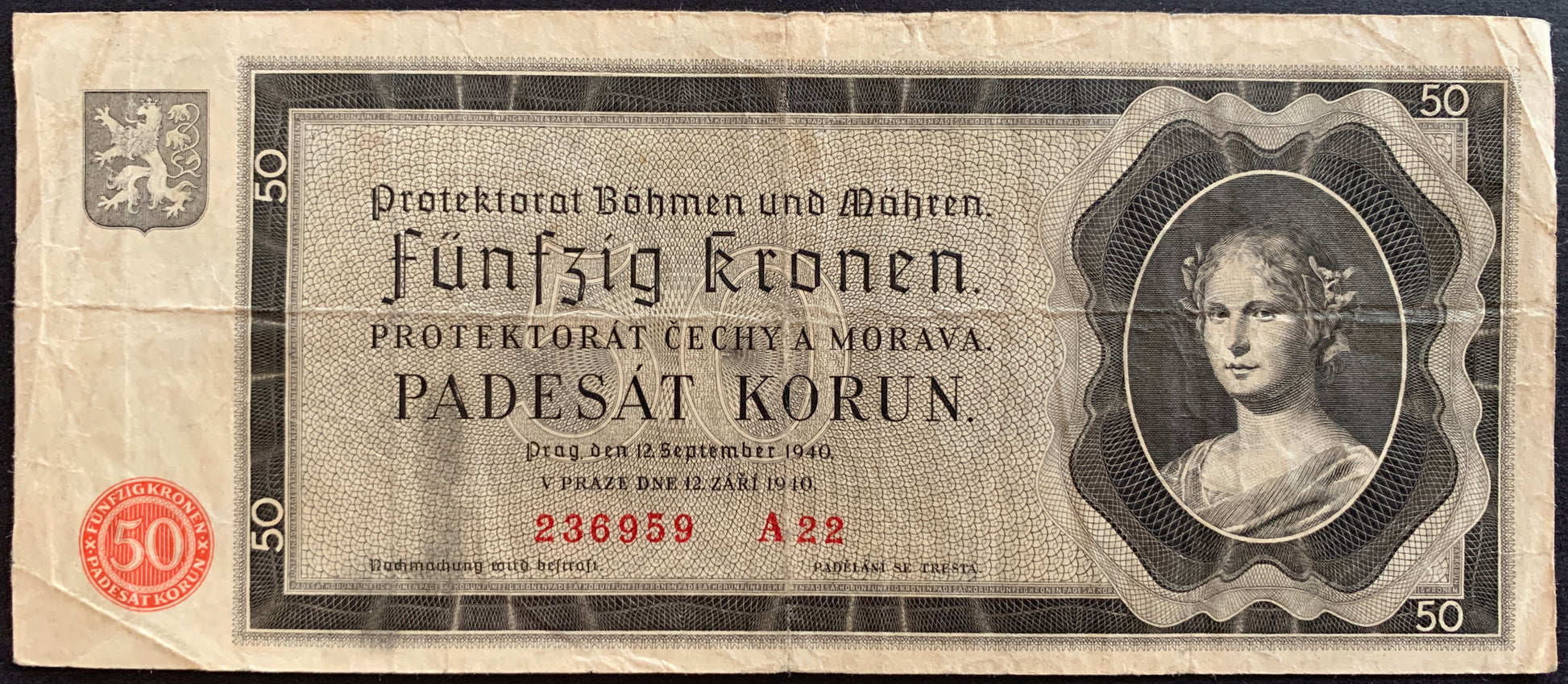 Protectorate of Bohemia and Moravia 50 Kronen/Korun 1940 P-5 vintage banknote