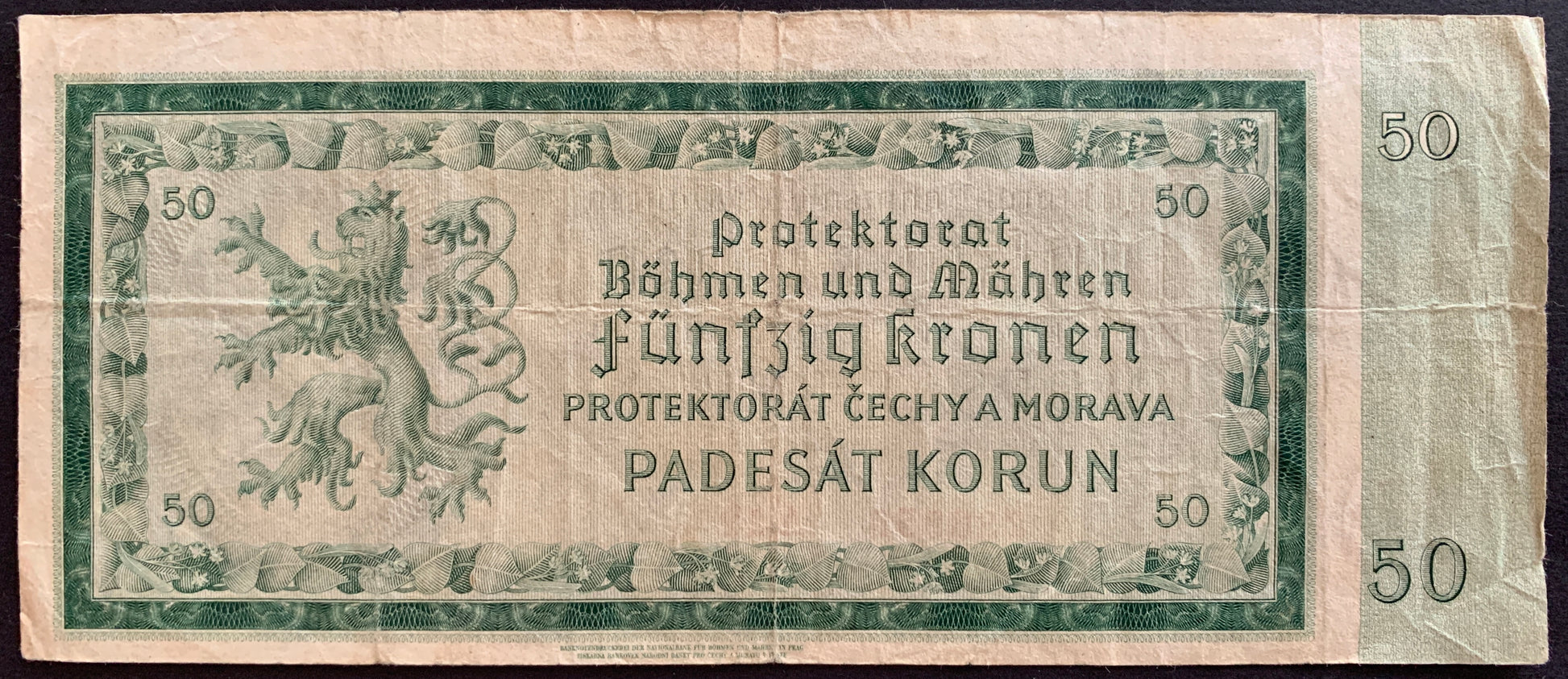Protectorate of Bohemia and Moravia 50 Kronen/Korun 1940 P-5 vintage banknote