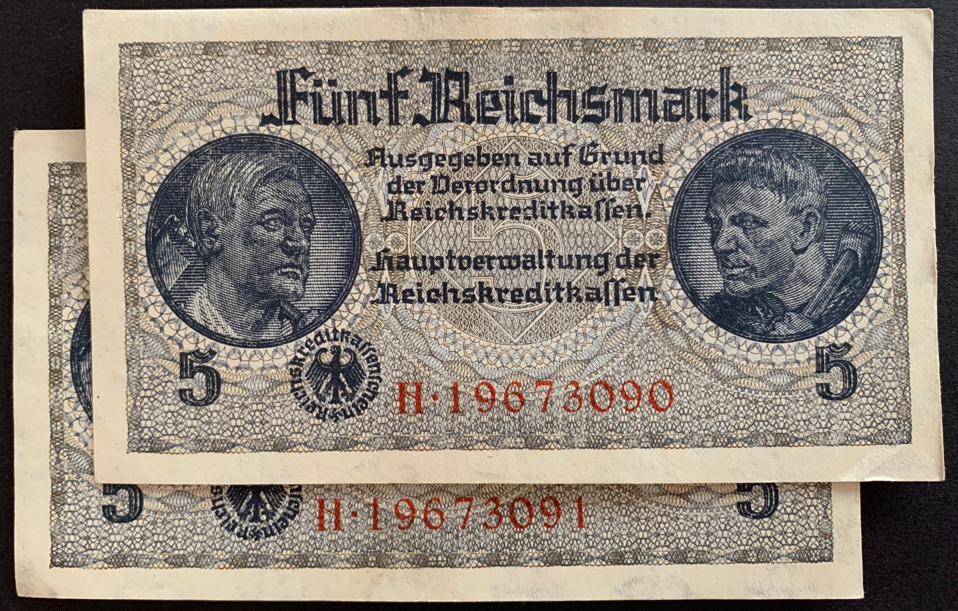 Germany 5 Reichsmark ND (1940-45) P-R138b VF-XF consecutive pair vintage banknotes from ww2