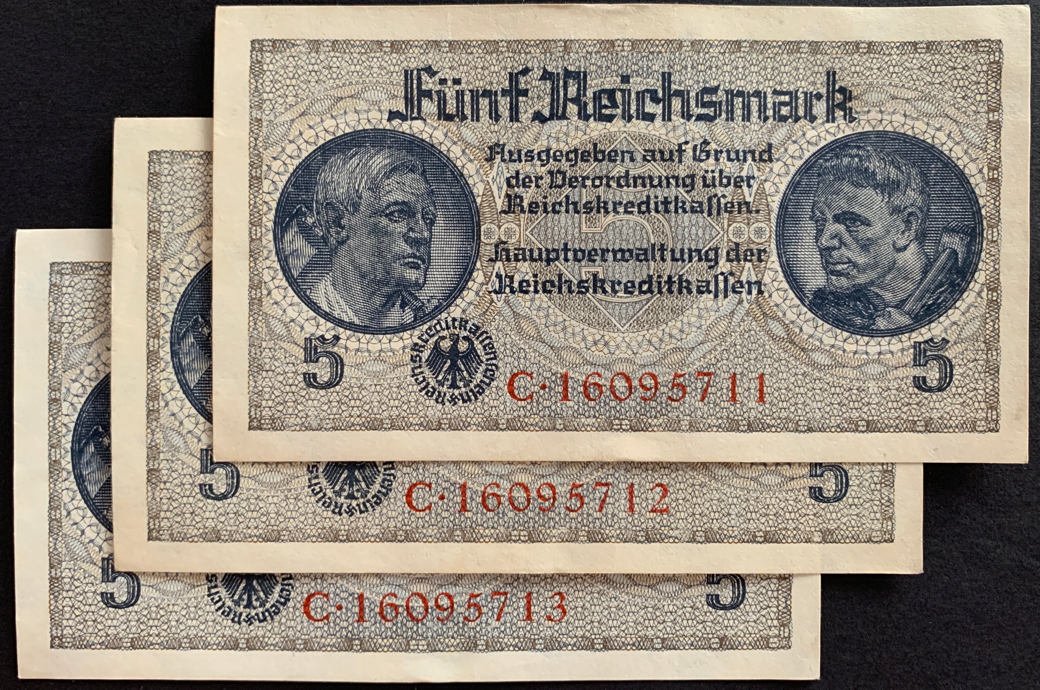 Germany 5 Reichsmark ND (1940-45) P-R138b XF consecutive banknotes ...