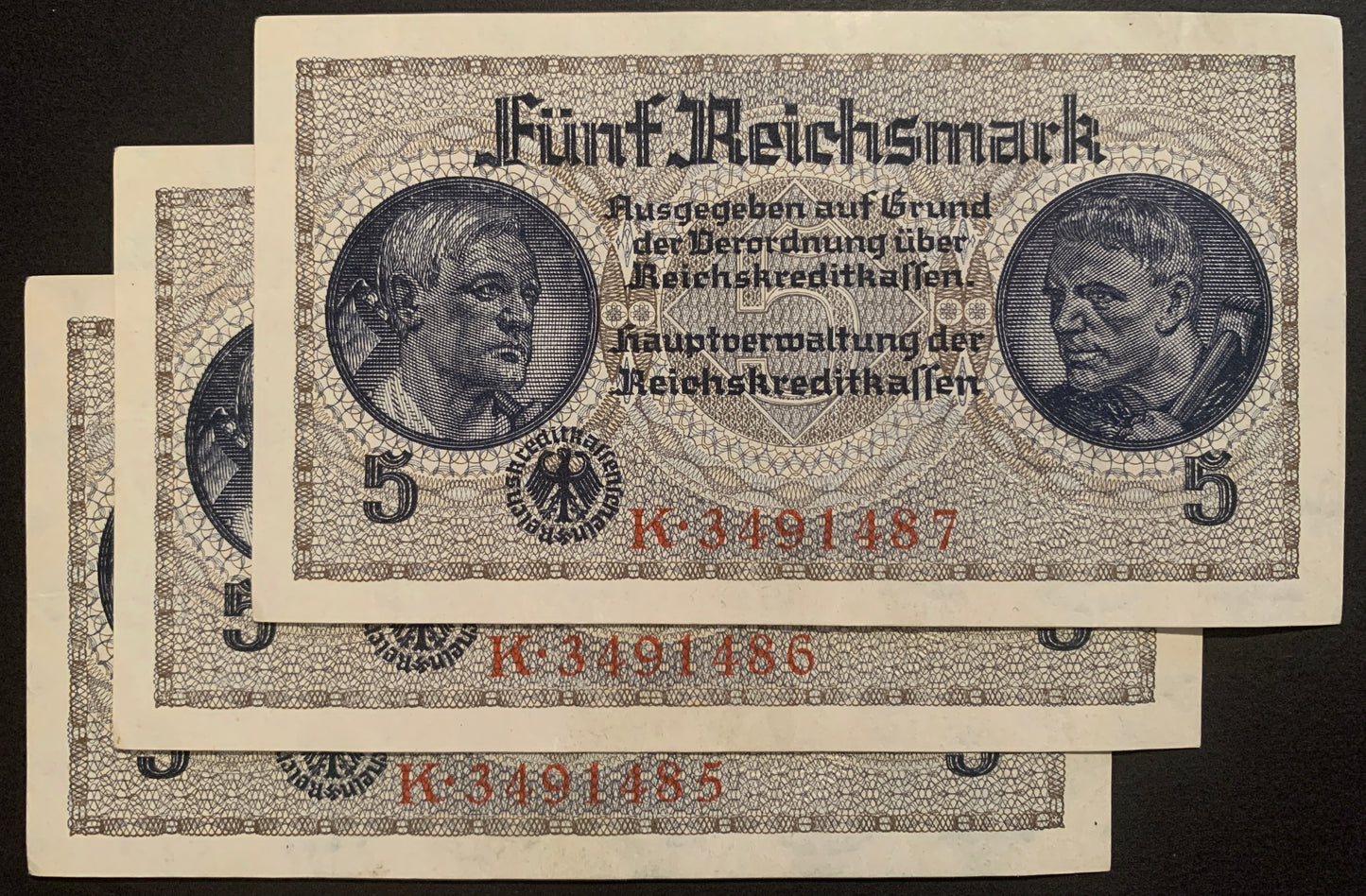 Germany 5 Reichsmark ND (1940-45) P-R138a XF-AUNC consecutive banknotes